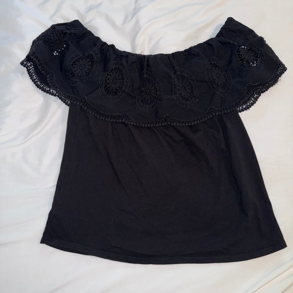 Ann Taylor LOFT Black Crochet Lace Ruffle Off The Shoulder Cotton Top Small
